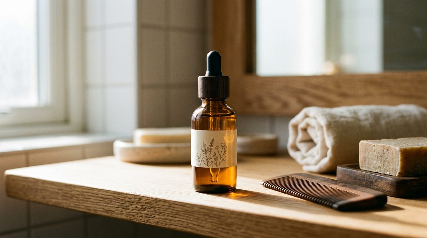 Flacon compte-gouttes d'huile à barbe sur une étagère en bois dans une salle de bain lumineuse