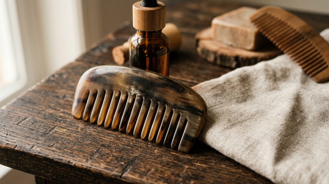 Peigne à barbe de poche en corne naturelle posé sur une surface en bois