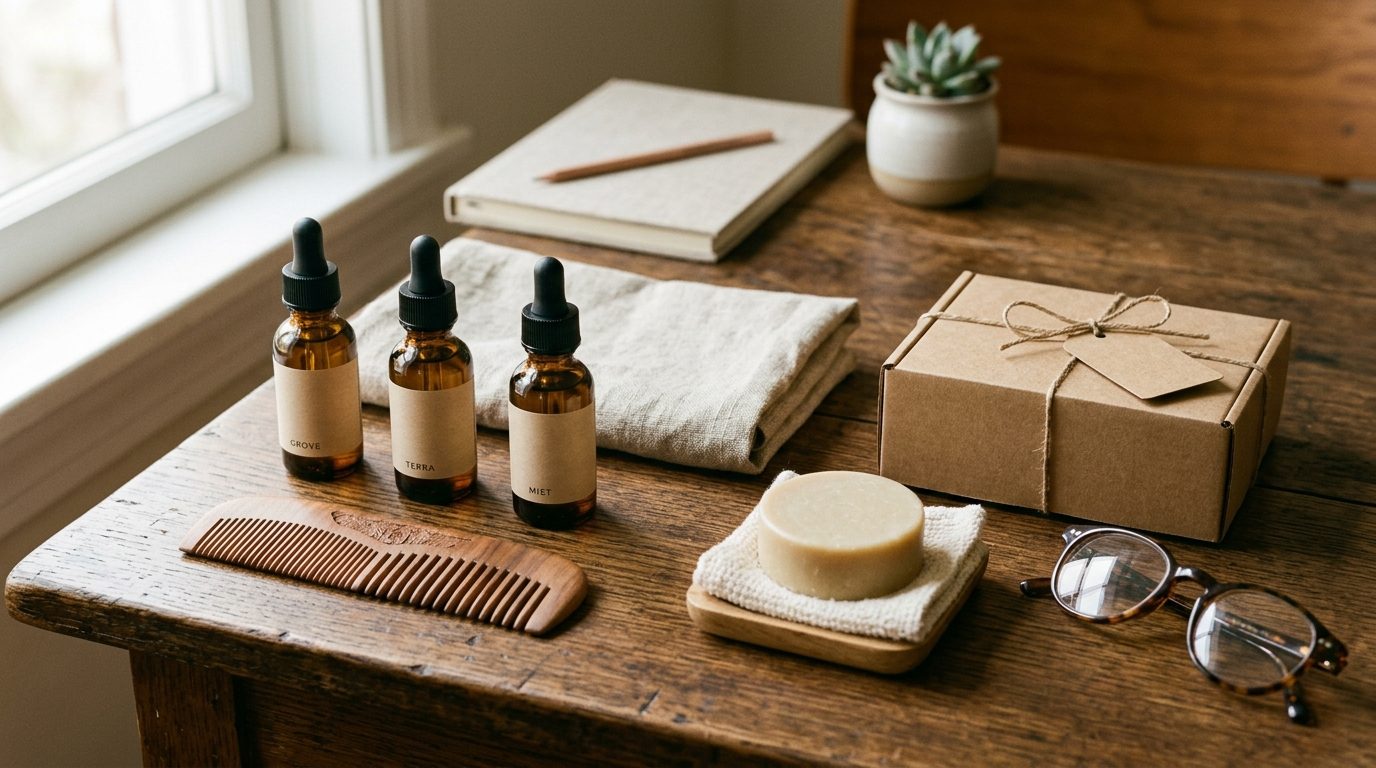 Bureau d'artisan avec flacon d'huile à barbe et boîte d'expédition pour illustrer les conditions de vente