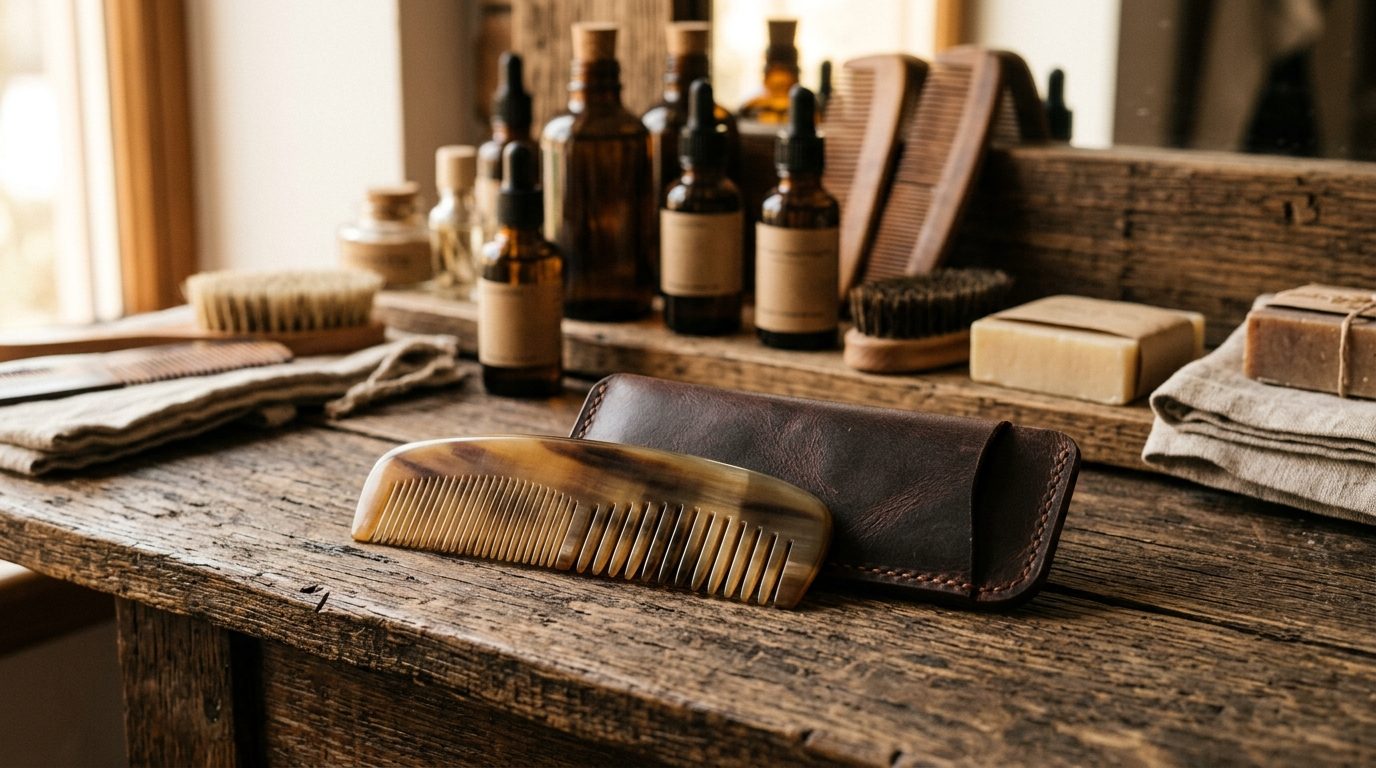 Mini double peigne à barbe en corne naturelle posé à côté de son étui en cuir véritable