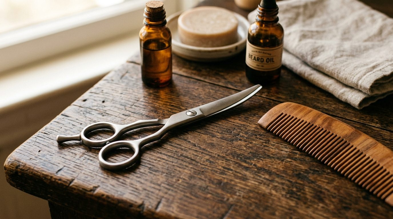 Paire de ciseaux à moustache en inox satiné posée sur un meuble en bois