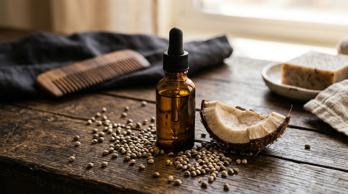 Flacon compte-gouttes en verre ambré d'huile à barbe sur un fond en bois naturel